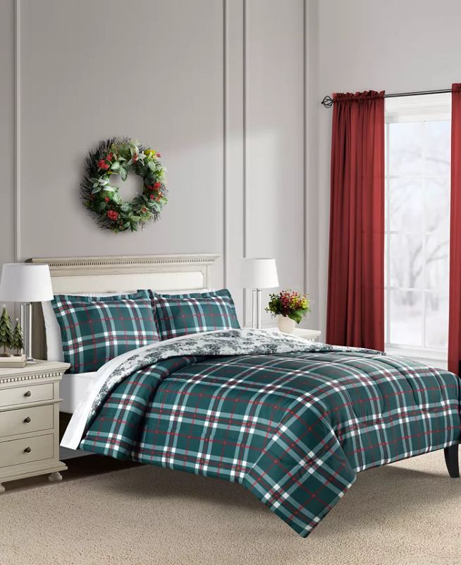 Photo 1 of SIZE KING - Reversible Holiday Toile 3-Pc. King Comforter Set Bedding. Update your bedroom decor with the Holiday Toile comforter set from Sunham, featuring a reversible plaid design. Set includes: comforter (88" x 106"), two shams (20" x 36"). Reversible