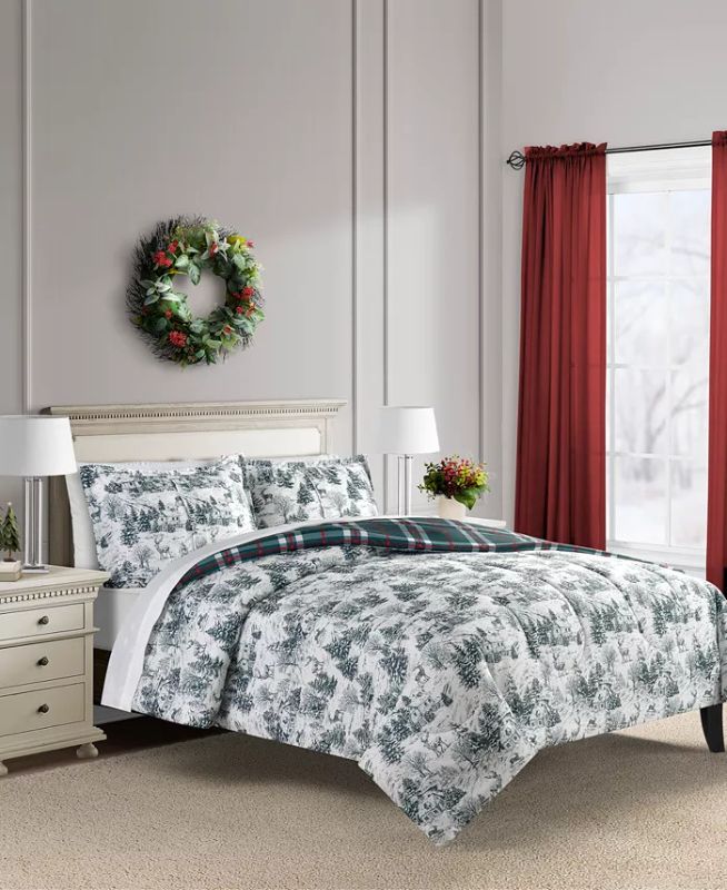 Photo 2 of SIZE KING - Reversible Holiday Toile 3-Pc. King Comforter Set Bedding. Update your bedroom decor with the Holiday Toile comforter set from Sunham, featuring a reversible plaid design. Set includes: comforter (88" x 106"), two shams (20" x 36"). Reversible