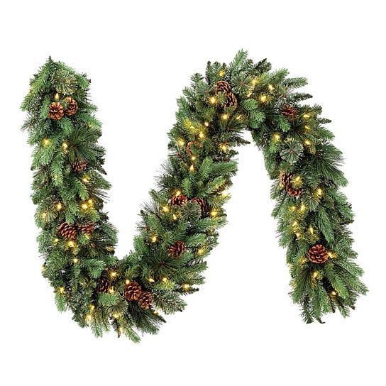 Photo 1 of 9’ Pre-Lit LED Greenery Garland. Features: 90 White / Multi-Color LED Lights. Decorated With Natural Pinecones. Connect up to 4 Garlands Together End-to-End. For Indoor and Outdoor Use. For convenient, yet elegant holiday decorating, this LED 9’ greenery 