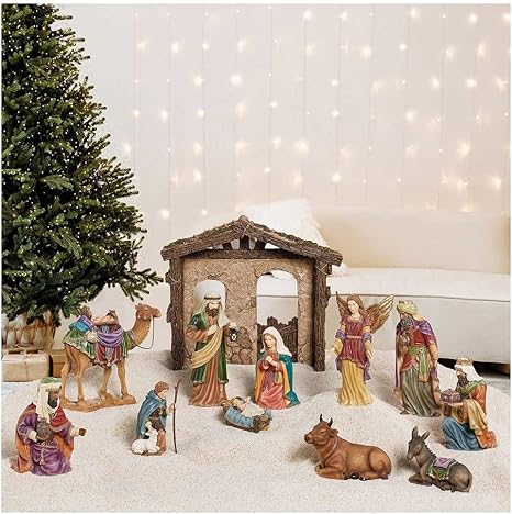 Photo 1 of Kirkland Signature Hand-Painted 13-Piece Christmas Holiday Nativity Set Decor. Celebrate the birth of Jesus with this elegantly-designed Nativity set. Mary and Joseph look lovingly at the Christ child, while the Three Kings, each adorned in gilded and bej