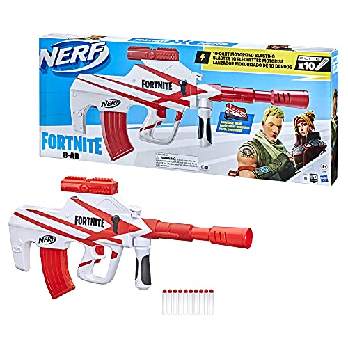 Photo 1 of Nerf Fortnite B-AR Motorized Dart Blaster. This Nerf Fortnite blaster includes a removable 10-dart clip and 10 Official Nerf Elite darts. Load the clip into the blaster, then hold down the acceleration button and pull the trigger to fire a dart.