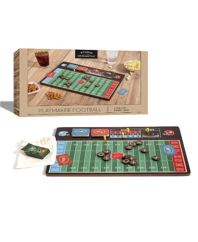 Photo 4 of Studio Mercantile Football Playmaker Strategy Board Game Set. The Studio Mercantile football strategy board is a game. Design plays and draw cards to advance the game and see who could be the next great coach on Sundays. 1 game board 1 mini bean bag 4 sco