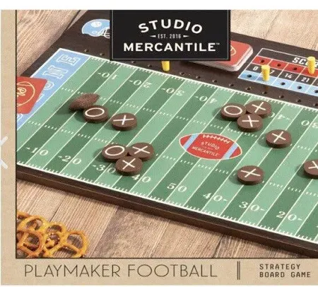 Photo 2 of Studio Mercantile Football Playmaker Strategy Board Game Set. The Studio Mercantile football strategy board is a game. Design plays and draw cards to advance the game and see who could be the next great coach on Sundays. 1 game board 1 mini bean bag 4 sco