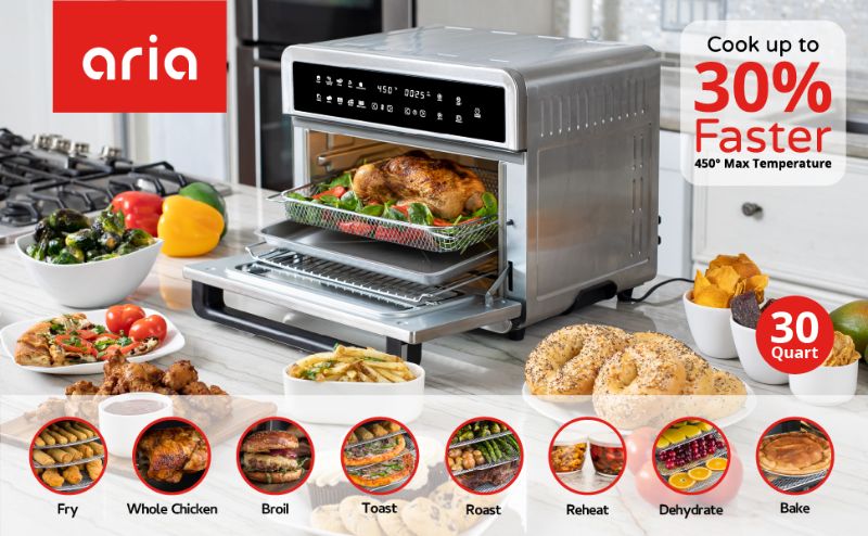 Photo 1 of Aria 30 Qt. Touchscreen Toaster Oven with Recipe Book, Brushed Stainless Steel. Bake, fry, rotisserie, reheat, dehydrate, grill, and roast your favorite meats, breakfasts, desserts, and vegetables faster than ever with the Aria 30 Qt. Air Fryer Oven! This
