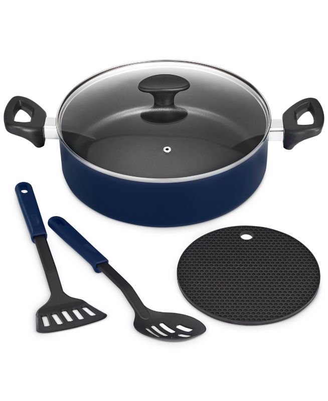 Photo 1 of Bella 5 Piece Pan Set Nonstick Cookware for Everyday Cooking Pan with Lid Navy Blue. Perfect for frying bigger portions or slow simmering a sauce this jumbo cooker from Bella is in quick-heating aluminum with a nonstick coating. It comes with essential ut