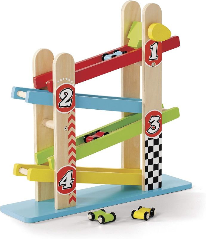 Photo 1 of Imaginarium Drop & Go Ramp Racer. Keep little ones entertained and stimulated with this lovely Imaginarium Ramp Racer. Comes with 4 wooden cars that will zip down the rams to the finish line. This durable wood toy set is spectacularly colorful and teaches