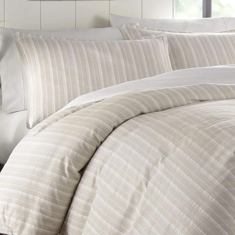 Photo 3 of KING Oakdale 3-Piece Gray Striped Cotton King Comforter Set. Classic stripes are always in style and this all-cotton yarn dye weave in warm gray and white is a sophisticated neutral ensemble with casual country charm. King comforter set includes: 1-comfor