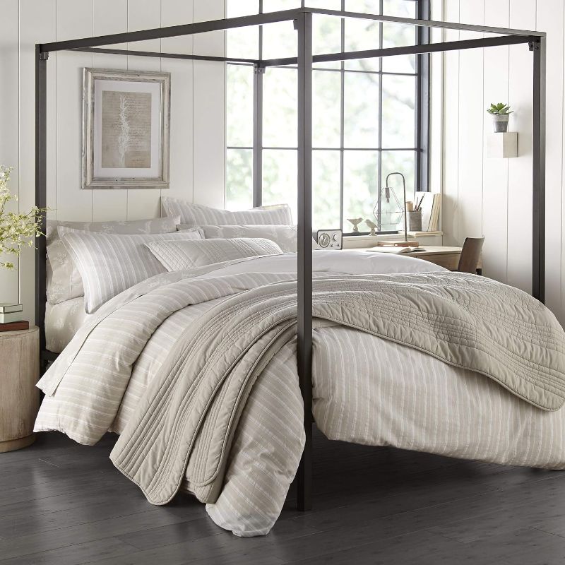 Photo 2 of KING Oakdale 3-Piece Gray Striped Cotton King Comforter Set. Classic stripes are always in style and this all-cotton yarn dye weave in warm gray and white is a sophisticated neutral ensemble with casual country charm. King comforter set includes: 1-comfor