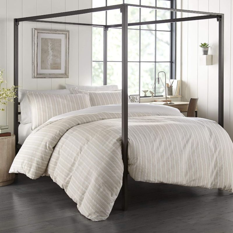 Photo 1 of KING Oakdale 3-Piece Gray Striped Cotton King Comforter Set. Classic stripes are always in style and this all-cotton yarn dye weave in warm gray and white is a sophisticated neutral ensemble with casual country charm. King comforter set includes: 1-comfor