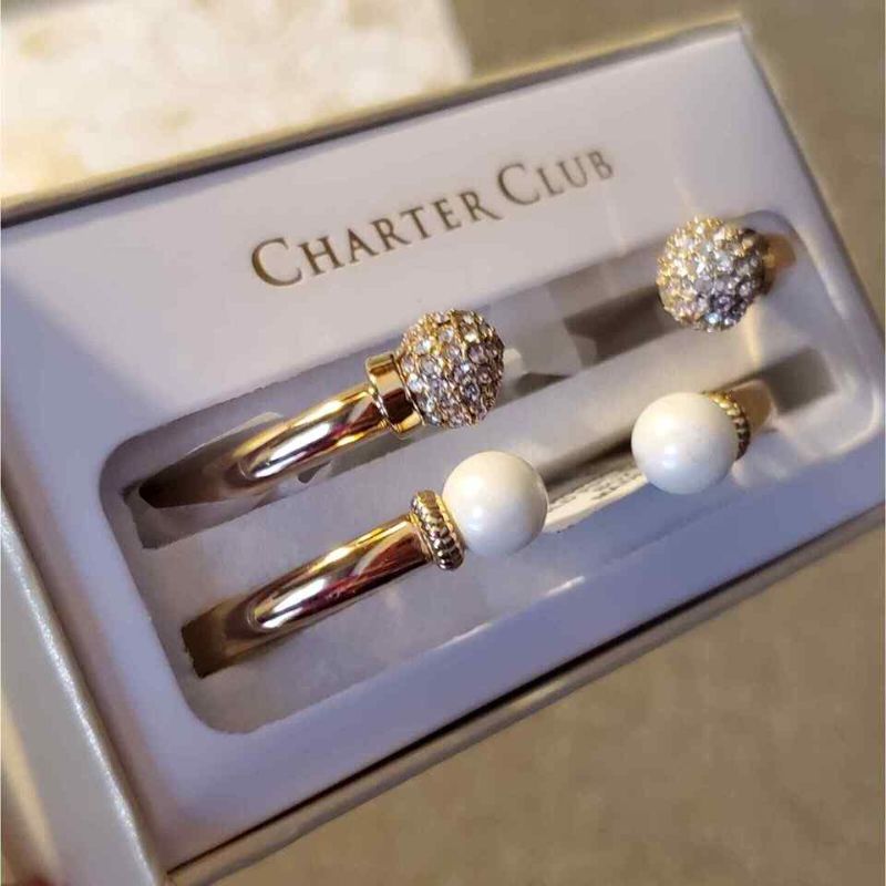 Photo 2 of Charter Club 2-Pc. Set Pavé Bead & Imitation Pearl Cuff Bracelets, Created for Macy's. 
Description: Choose between pavé bead or imitation pearl tips, or wear them both, with this two-piece set of cuff bracelets by Charter Club.
Features: * Set in silver-