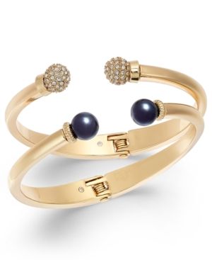 Photo 1 of Charter Club 2-Pc. Set Pave Bead & Imitation Pearl Cuff Bracelets, Created for Macy's - Navy Blue