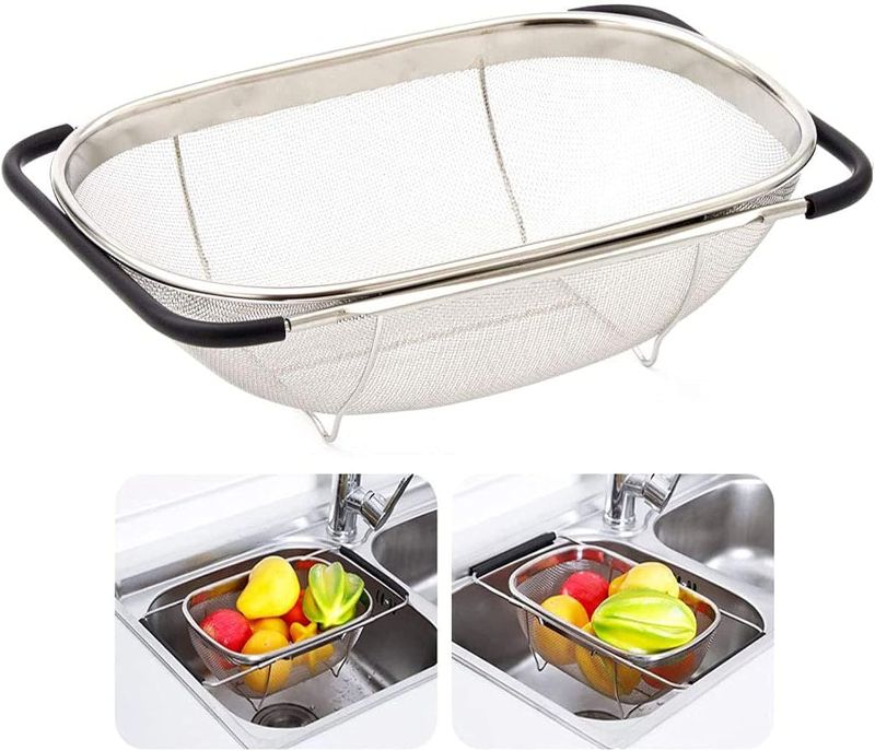 Photo 2 of Over The Sink Stainless Steel Oval Colander with Expandable Rubber Grip Handles Strainers, Fine Mesh Strainer Basket Kitchen 6 Quarts Colander for Strain