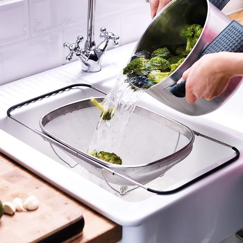 Photo 1 of Over The Sink Stainless Steel Oval Colander with Expandable Rubber Grip Handles Strainers, Fine Mesh Strainer Basket Kitchen 6 Quarts Colander for Strain