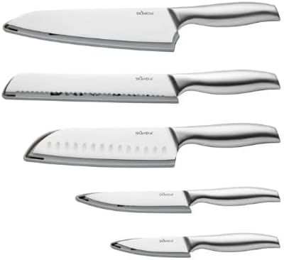 Photo 1 of German Stainless Steel; Tapered-edge Precision Blades; Ergonomically Designed Handles; Blade Guards for Safe Storage; 25 Year Limited Warranty; Includes: (1) 8" Chef’s knife with blade guard (1) 8" Bread knife with blade guard; (1) 7" Santoku knife with b