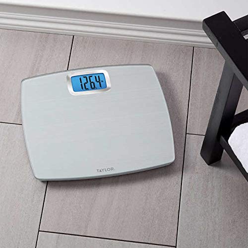 Photo 1 of Taylor 500 lb. Digital Extra Thin Bathroom Scale Extra-High Weight Tracking Carbon Tempered Glass (Silver). Durable Tempered Glass Platform. Weighs up to an extra high 500 lb in 0.2 lb increments. Large 3.2 in x 1.9 in readout with blue backlight for easy