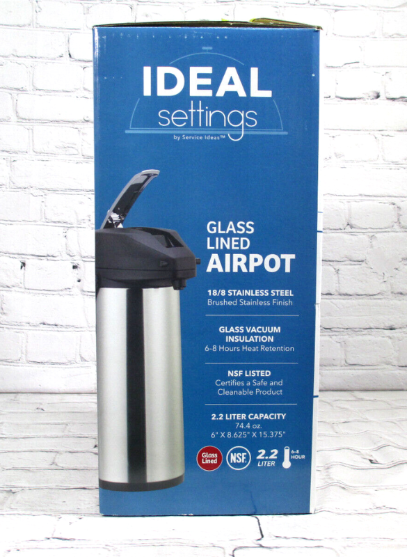 Photo 2 of Ideal Settings by Service Ideas 2.2 Liter Glass Lined Airpot.  Ideal Settings by Service Ideas 2.2 Liter Glass Lined Airpot Product Details: 18/8 Stainless Steel Brushed Stainless Finish Glass Vacuum Insulation 6-8 Hour Heat Retention NSF Listed 2.2 Liter