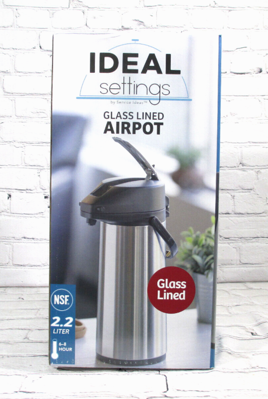 Photo 1 of Ideal Settings by Service Ideas 2.2 Liter Glass Lined Airpot.  Ideal Settings by Service Ideas 2.2 Liter Glass Lined Airpot Product Details: 18/8 Stainless Steel Brushed Stainless Finish Glass Vacuum Insulation 6-8 Hour Heat Retention NSF Listed 2.2 Liter