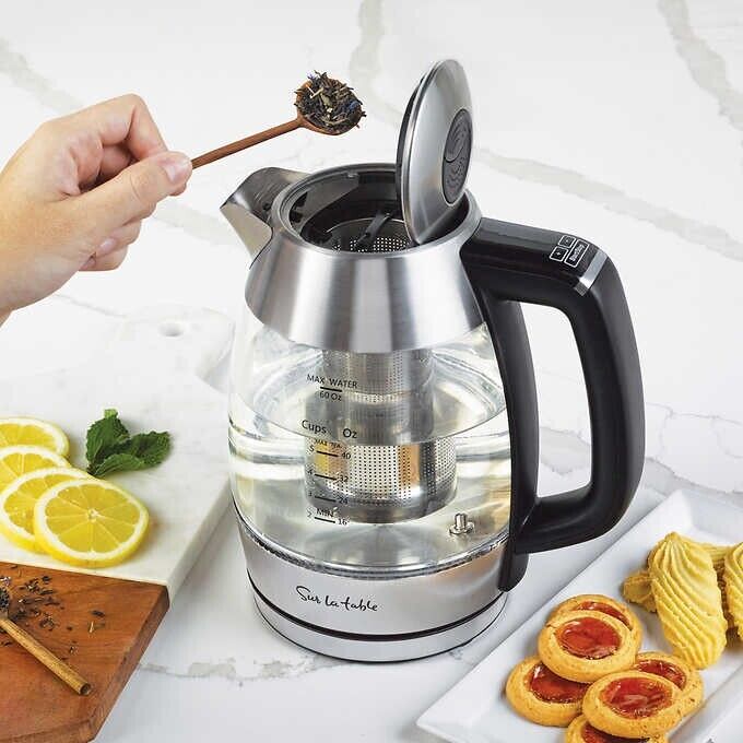 Photo 1 of Sur La Table Digital Kettle with Infuser. Product Features: 7 functions, LED Digital touchscreen display, One-touch presets for a variety of tea including:  Herbal, Black, Oolong, White, Green and Delicate. One-touch Boil Water function, Infuser for optim