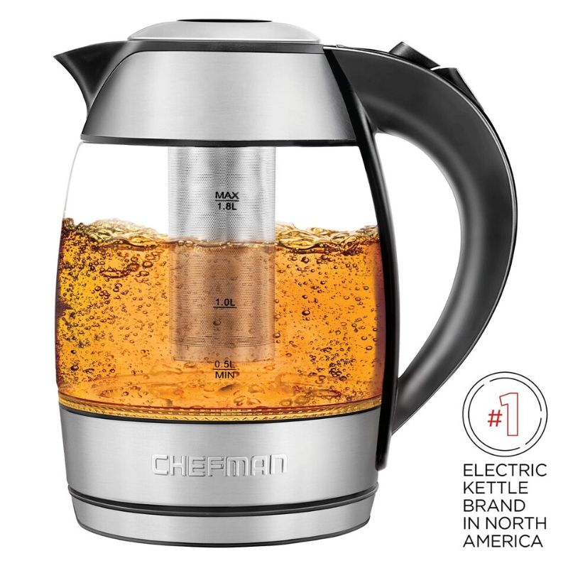 Photo 1 of Chefman Fast Boiling 1.8L Electric Glass Kettle, Removable Tea Infuser, LED Light. Brewing your favorite hot beverage has never been this easy! Whether you’re making loose-leaf tea or bagged tea, hot chocolate, coffee, soup, or even sterilizing water for 