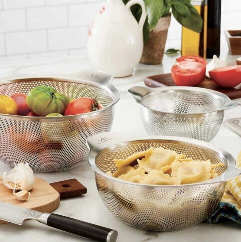 Photo 1 of MIU 18-8 Stainless Steel 3 Piece Colander Set. MIU 3 Piece Stainless Steel Mesh Colander Set. Whether you are rinsing large produce or draining pasta, you can rely on this modern and sleek 3-piece stainless steel colander set with handles. Made of 18/8 St