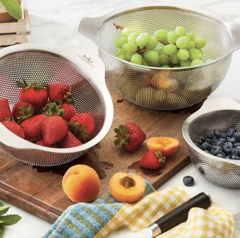 Photo 4 of MIU 18-8 Stainless Steel 3 Piece Colander Set. MIU 3 Piece Stainless Steel Mesh Colander Set. Whether you are rinsing large produce or draining pasta, you can rely on this modern and sleek 3-piece stainless steel colander set with handles. Made of 18/8 St
