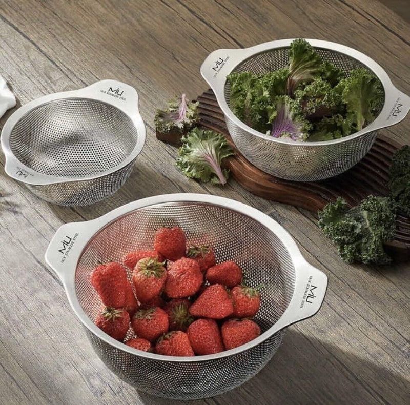 Photo 3 of MIU 18-8 Stainless Steel 3 Piece Colander Set. MIU 3 Piece Stainless Steel Mesh Colander Set. Whether you are rinsing large produce or draining pasta, you can rely on this modern and sleek 3-piece stainless steel colander set with handles. Made of 18/8 St