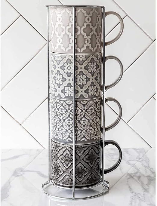 Photo 1 of 3 Mugs OverandBack Stacking Stoneware Mugs with Rack Set (Gray)