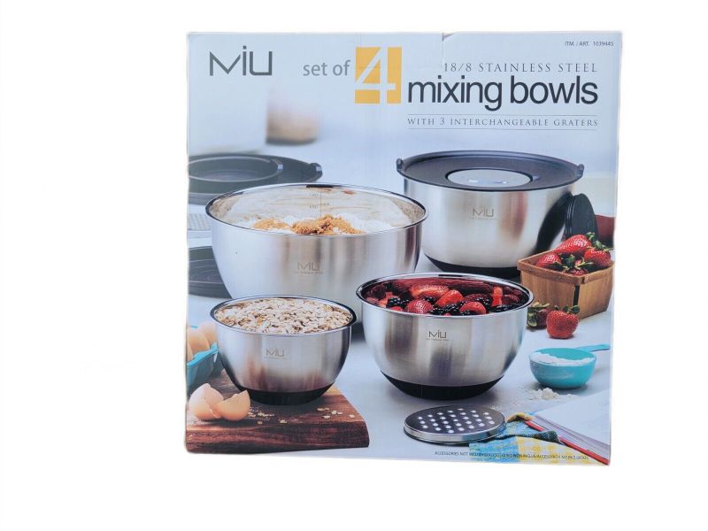 Photo 1 of MIU Stainless Steel Mixing Bowl with Graters, Set of 8. With 3 different 18/8 stainless steel graters, you can shred, grate, or slice right into the 5 Qt bowl, helping avoid food waste. 1.5 Qt Mixing bowl with lid. 3 Qt Mixing bowl with lid. 5 Qt Mixing b