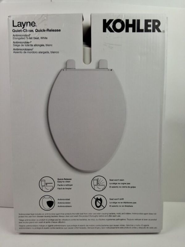 Photo 1 of Kohler Layne Quiet Close Release Elongated Antimicrobial Toilet Seat White. This Kohler Layne toilet seat is a perfect addition to any modern bathroom. It comes in a sleek white color and is compatible with Kohler brand toilets. The elongated shape of the