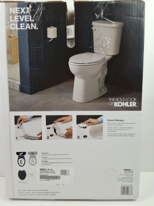 Photo 4 of Kohler Layne Quiet Close Release Elongated Antimicrobial Toilet Seat White. This Kohler Layne toilet seat is a perfect addition to any modern bathroom. It comes in a sleek white color and is compatible with Kohler brand toilets. The elongated shape of the