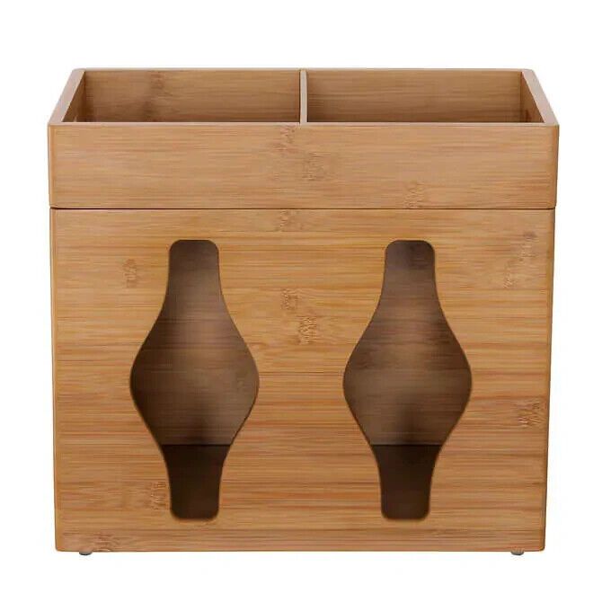 Photo 2 of Seville Bamboo Plastic Bag Organizer Holder Kitchen Pantry Closets Bathroom Room. Elevate your home organization with the Seville Classics Bamboo Plastic Bag Organizer. Crafted from sustainable bamboo, this organizer embodies the perfect blend of function