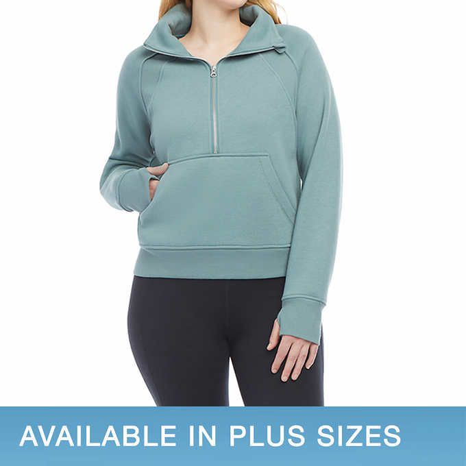 Photo 4 of SIZE L - Costco Danskin Ladies' Cozy Half-Zip Pullover. Super soft polyester/rayon/spandex brushed fleece construction. Front half zipper closure with kangaroo pocket and rib trim banded bottom. Lightweight, soft, breathable fabrication that will provide 