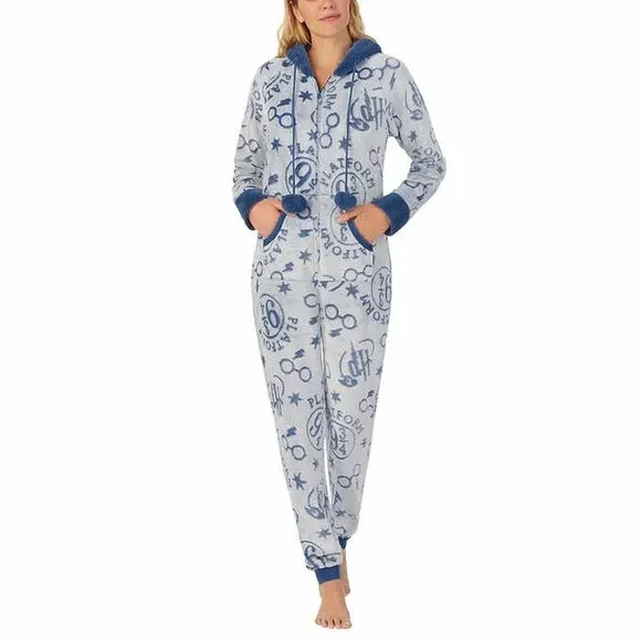 Photo 1 of SIZE S - Harry Potter Womens' One Piece Pajamas. Harry Potter Womens' One Piece Pajamas. Cozy fleece with shaved textural character designs
Zip up from waist to neck. Kangaroo Pocket. Cozy Fleece