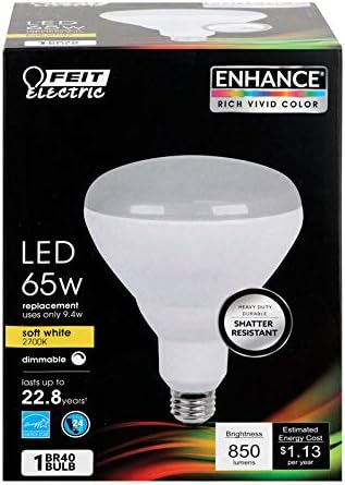 Photo 1 of 1 Pack - FEIT Electric BR40 E26 (Medium) LED Bulb Soft White 65 Watt Equivalence 1 pk.  Electric LED bulb. Pack of 4Specifications. Watts 16W. Lumens 1065 lumens. Color Temperature 2700 K. Bulb Base Type Medium Base E26. Watt Equivalence 65W. Light Color 