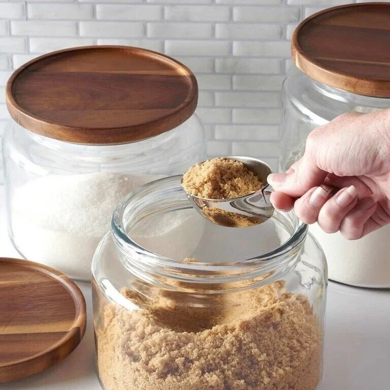 Photo 3 of NO LIDS - Anchor Hocking Montana Glass Jars with Acacia Lids, 96oz, 64oz, 48oz - Set of 3. These beautiful glass jars add a natural warmth to whatever room you put them in. The classic glass jars combine the best of both storage and display, and can be us