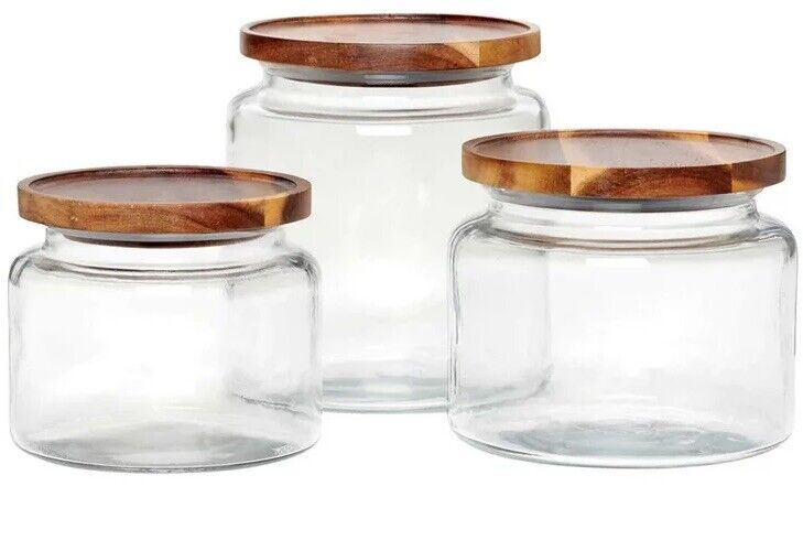 Photo 4 of NO LIDS - Anchor Hocking Montana Glass Jars with Acacia Lids, 96oz, 64oz, 48oz - Set of 3. These beautiful glass jars add a natural warmth to whatever room you put them in. The classic glass jars combine the best of both storage and display, and can be us