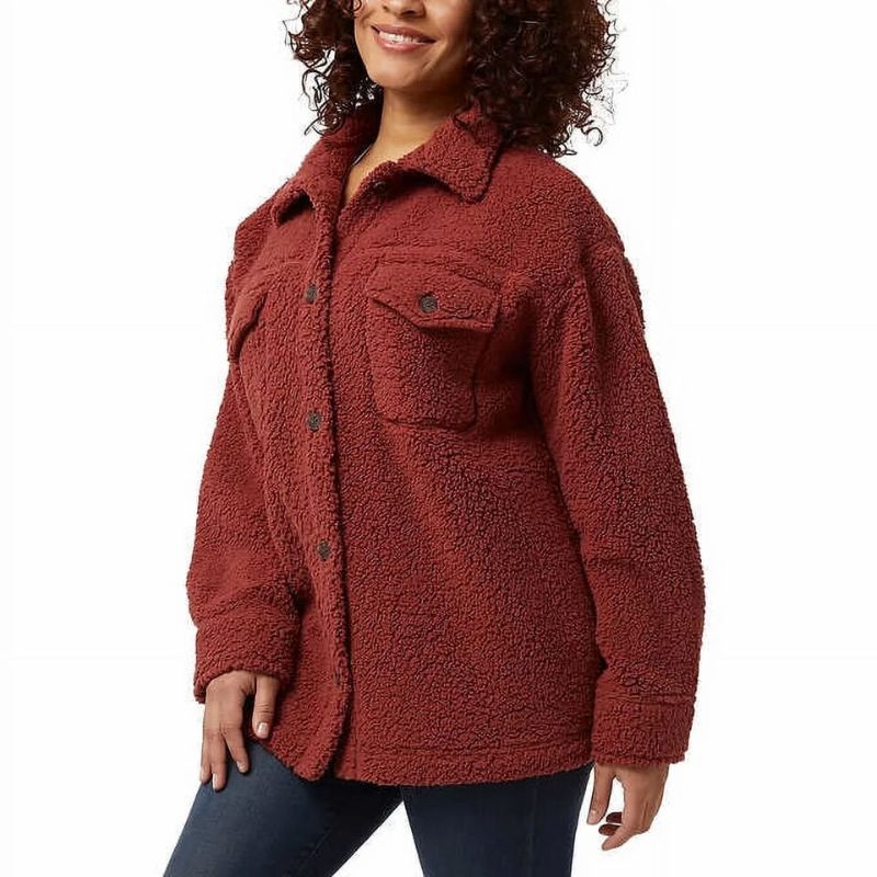 Photo 3 of SIZE XS / S - 32 Degrees Heat Women's Sherpa Teddy Shirt Jacket Red. Super Soft Feel, Relaxed Oversized Fit, Can be Worn as an Over Shirt or Jacket