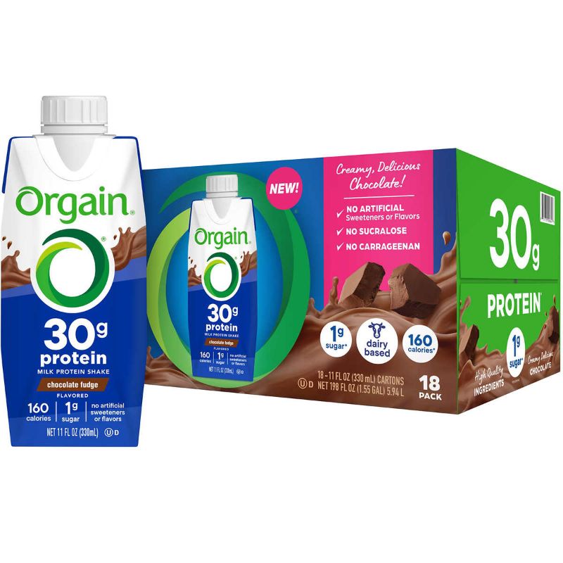 Photo 1 of Orgain Milk 30g Protein Shake, Chocolate Fudge, 11 Fluid Ounce (Pack of 16) Expiration date: Sep 21, 2024