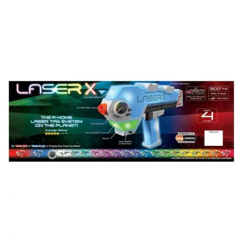 Photo 3 of Laser X Blaster, 4-player Set. Choose from more than 20 team colors to light up your blaster! All Laser X Gear works together. Play as teams or individuals. Blasters light up more than 20 different colors. Product Details. Infrared Beam is not visible.