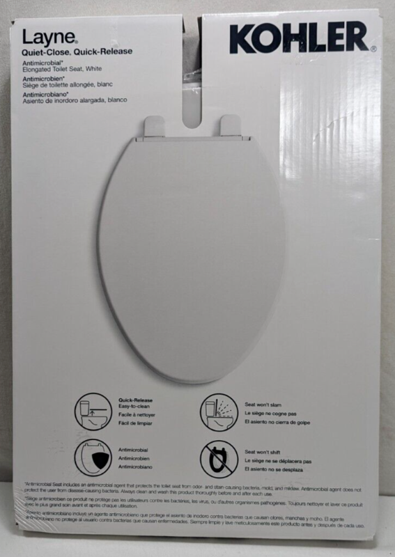 Photo 1 of Kohler LAYNE ELONGATED Toilet Seat Quiet Close Quick Release Antimicrobial WHITE. Kohler Layne Elongated Toilet Seat 
Color: White. Size: 18-5/8" L x 14-3/16" W. Quiet Close . Quick Release. Antimicrobial