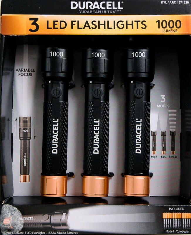 Photo 1 of Duracell Durabeam Ultra LED 1000 Lumens, 4 Batteries Included, 3 Flashlights