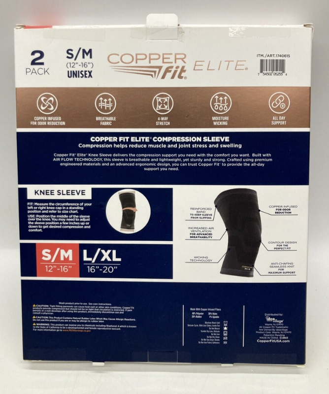 Photo 2 of Elite Copper Fit Knee Compression Sleeve Flexible S/M 12"-16" 2 Pack