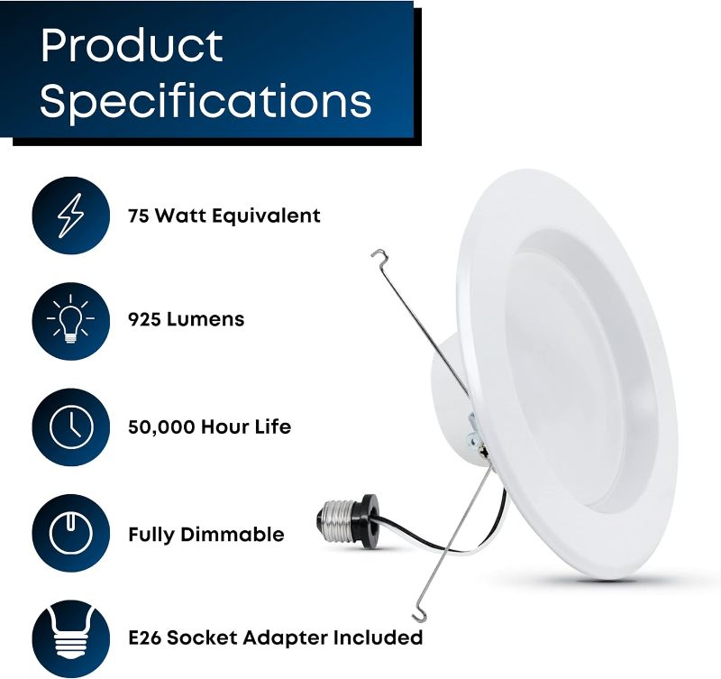 Photo 2 of Feit Electric 5-6 inch LED Recessed Downlight - Pre-Mounted Trim - Standard Base Adapter - 5000K Daylight - Dimmable- 75W Equivalent - 45 Year Life - 925 Lumen - High CRI