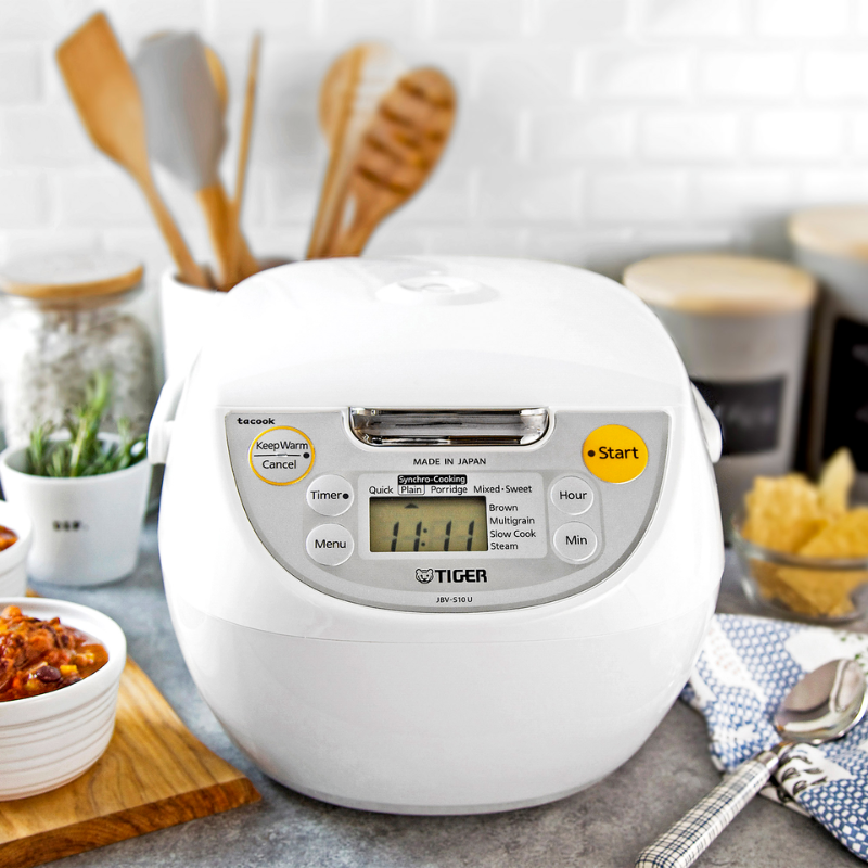 Photo 4 of Tiger 5.5-Cup Micom Rice Cooker and Warmer, Nonstick, Japanese, White. Prepare 1 to 5.5 Cups, 10 Cooking Menu Settings, 1.7mm Thick Non-Stick Inner Pot, Tacook Cooking Plate, Made in Japan. Enjoy delicious and flavorful rice in your household with Tiger’s