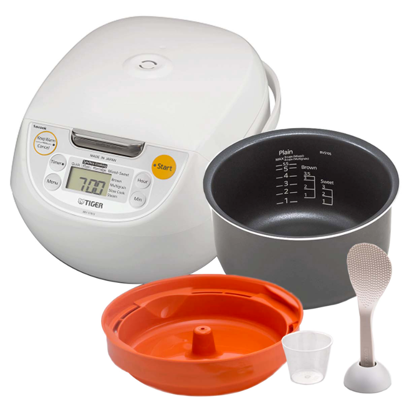 Photo 2 of Tiger 5.5-Cup Micom Rice Cooker and Warmer, Nonstick, Japanese, White. Prepare 1 to 5.5 Cups, 10 Cooking Menu Settings, 1.7mm Thick Non-Stick Inner Pot, Tacook Cooking Plate, Made in Japan. Enjoy delicious and flavorful rice in your household with Tiger’s