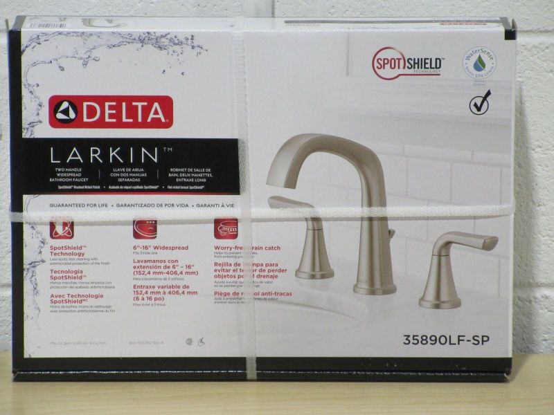 Photo 1 of Delta Larkin 35890LF-SP SpotShield Brushed Nickel 2-Handle Widespread WaterSense Bathroom Sink Faucet with Drain.  The faucet features Delta  SpotShield technology which helps to prevent water spots and fingerprints from building up on the faucet keeping 