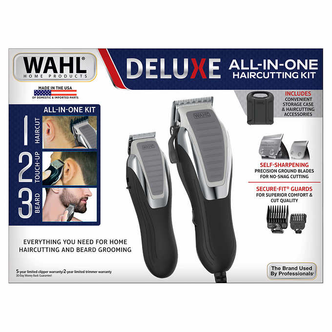 Photo 1 of Wahl Deluxe Haircutting Kit, a complete all-in-one haircutting, touch-up, and beard trimming kit.  Includes hair clipper, detail battery trimmer, and haircutting accessories – everything needed to complete a successful haircut at home.  The corded clipper