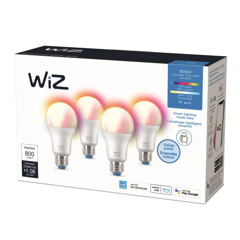 Photo 1 of WiZ 60 Watt EQ A19 Smart Bulbs, WiFi Connected LED Light Bulbs. WiZ 60 Watt EQ A19 Smart Bulbs, WiFi Connected LED Light Bulbs - RGB+ Color Changing, Tunable and Dimmable, Compatible with Alexa and Google Home Assistant,4 Pack.
Full color smart bulb. Up t