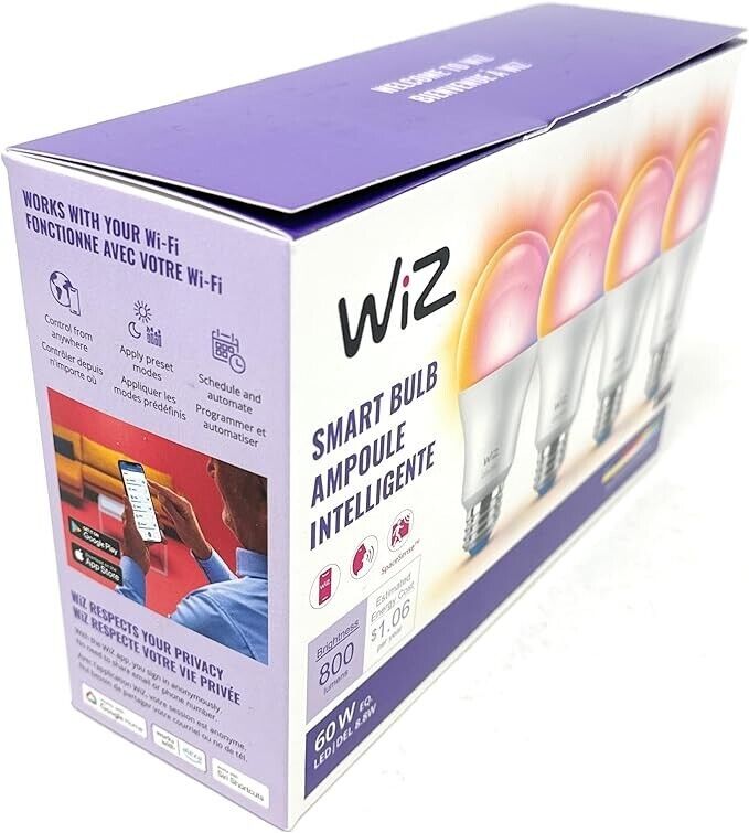 Photo 3 of WiZ 60 Watt EQ A19 Smart Bulbs, WiFi Connected LED Light Bulbs. WiZ 60 Watt EQ A19 Smart Bulbs, WiFi Connected LED Light Bulbs - RGB+ Color Changing, Tunable and Dimmable, Compatible with Alexa and Google Home Assistant,4 Pack.
Full color smart bulb. Up t