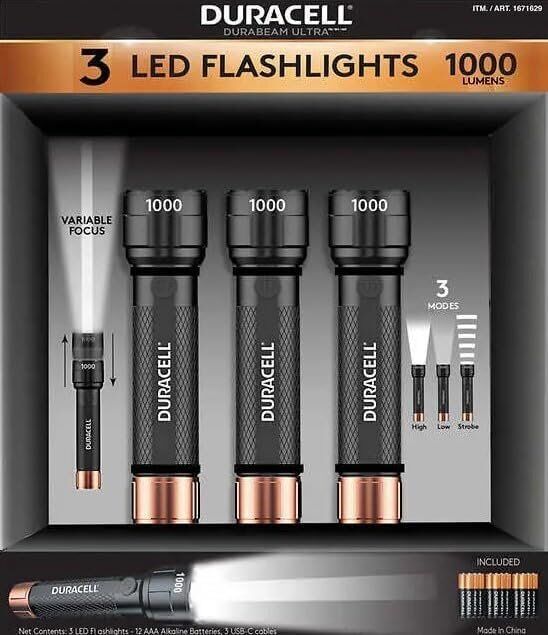 Photo 1 of Duracell DURABEAM Ultra LED Flashlight 1000 Lumens 3-Pack. The Duracell 1000 Lumens 4AAA LED Flashlight 3-pack makes the perfect gift. The appearance of the product is simple and elegant. Each flashlight has anti-slip design. It is small enough to fit in 